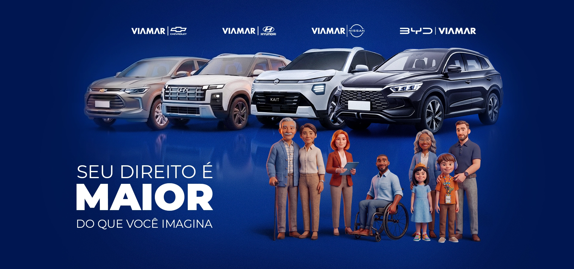 Seu direito é maior do que você imagina. Grupo Viamar, especialista em isenções, com Chevrolet Tracker, Hyundai Creta, Nissan Kait e BYD Song Pro.